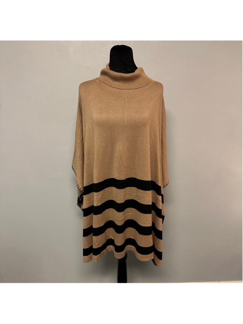 Women's Faith & Zoe Tan & Black Striped Poncho Sweater 1X turtle neck trendy